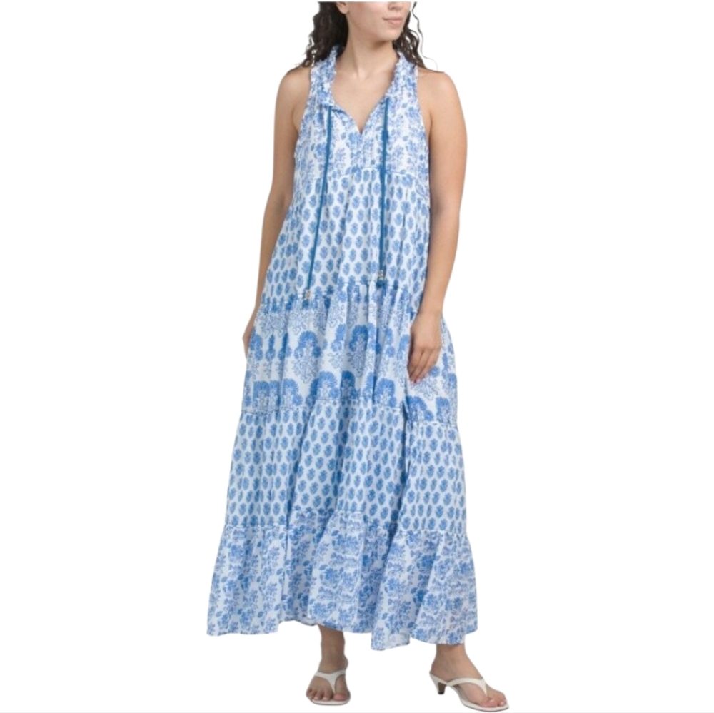Calypso St. Barth Daria Blue and White Maxi Dress